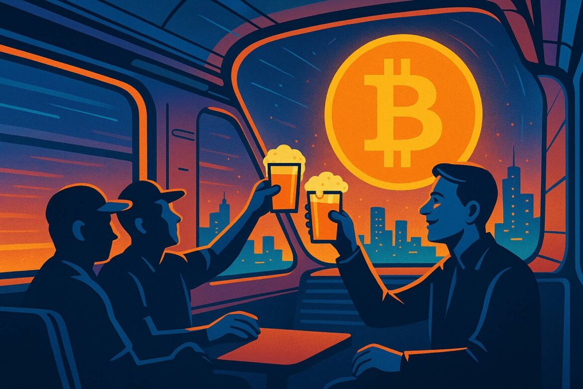 Пиво бесплатно и улыбается на лицах. Все из -за биткойнов ATH!
