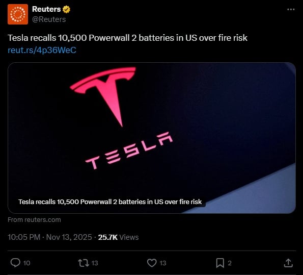 Сообщение Reuters на X о Tesla.