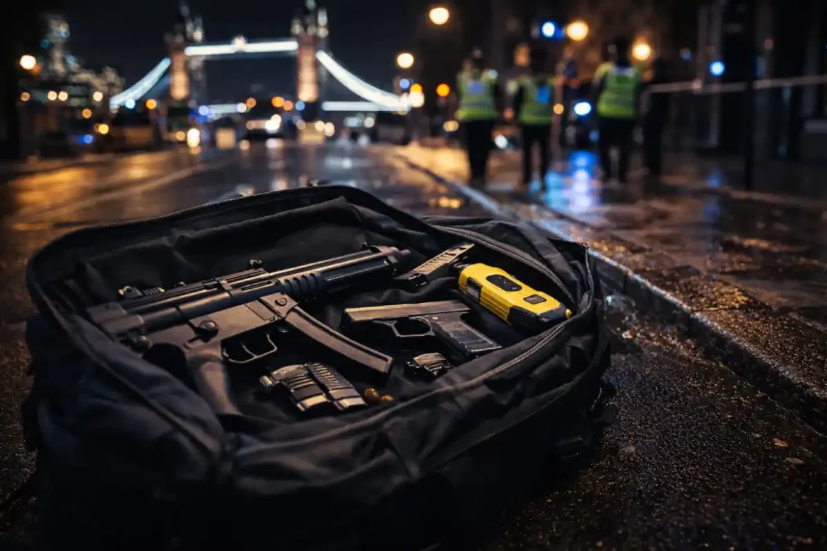 Пистолет, брошенный на улице Лондона. Охрана мэра оставляет на тротуаре винтовку и пистолет.
